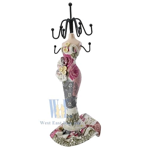 10.5" Mannequin Jewelry Stand, Tabletop Necklace & Bracelet Holder | Charming Dresser Decor: Blends an elegant floral mannequin form with functional metal hooks to elevate any vanity setup. thumbnail 5