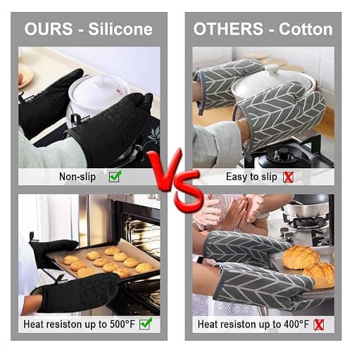 KEGOUU Oven Mitts and Pot Holders 6pcs Set, Kitchen Oven Glove High Heat Resistant 500 Degree Extra Long Oven Mitts and Potholder with Non-Slip Silicone Surface for Cooking (Black) thumbnail 5