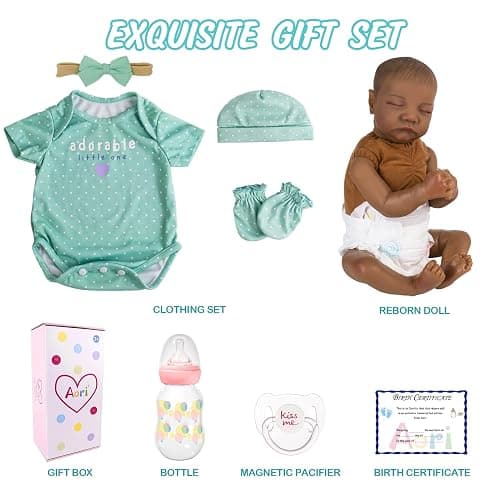 Aori Lifelike Reborn Baby Dolls Black - 18-Inch Realistic Newborn Baby Dolls Black American Real Life Babies Dolls Cloth Body with Feeding Kit & Gift Box for Kids Age 3+ thumbnail 7