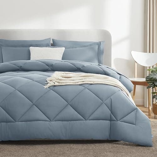 CozyLux Queen Comforter Set Dusty Blue - Bed in a Bag Queen Size 7 Pieces, Luxury Soft Bed Set for All Seasons, Bedding Set with Down Alternative Comforter, Sheets, Pillowcases & Shams, Grayish Blue - Dusty Blue - Queen thumbnail 7
