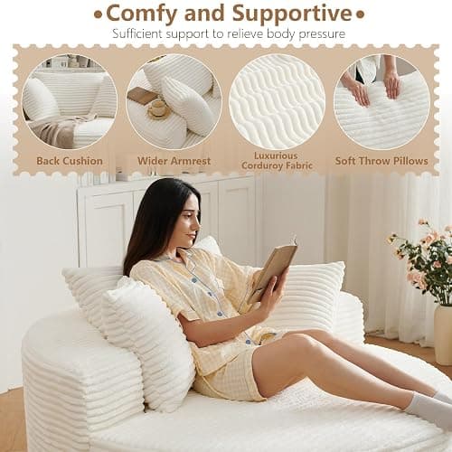 Oversized Round Chair Lounge Chaise Indoor, Upholstered Corduroy Deep Seat Cloud Large Circle Sofa Chair, No Assembly Required, Fluffy Modern Sleeper Sofa Bed for Reading, Living Room, Bedroom, White thumbnail 6