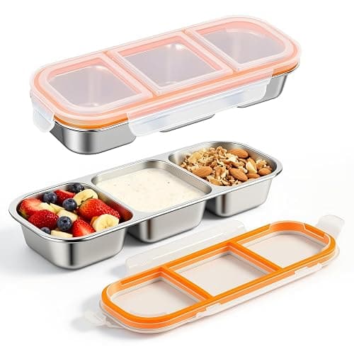 Snackbox,2 Stück Edelstahl Snack-Behälter mit Fächern und Transparent Kunststoff-Deckel, Stapelbar Edelstahl Lebensmittel Lagerung Brotzeit Behälter,Tragbare Snack-Platten für Schule Arbeit Camping - Image 1