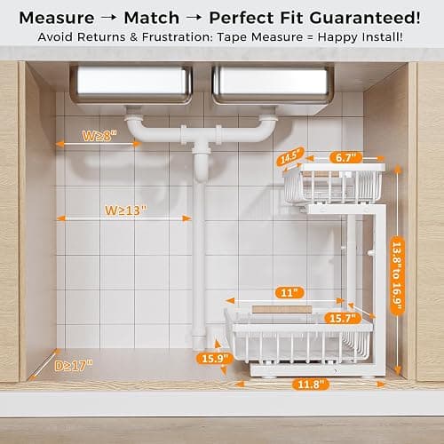 ENRUNEST Under Sink Organizer,2 Pack Under Kitchen Sink Organizer,2 Tier Sliding-Out,5 Level Height Adjustable,Thickened Carbon Steel,Anti-rust Treatment,For Kitchen Bathroom White thumbnail 2