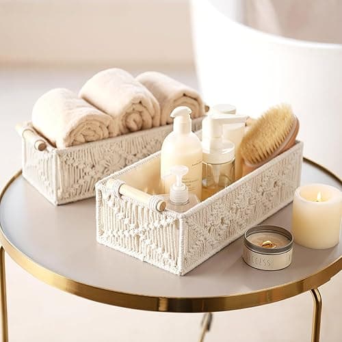 Mkono Macrame Storage Baskets Boho Decor Box Handmade Woven Decorative Countertop Toilet Tank Shelf Cabinet Organizer for Bedroom Livingroom Home, Set of 2, Ivory - Ivory thumbnail 9