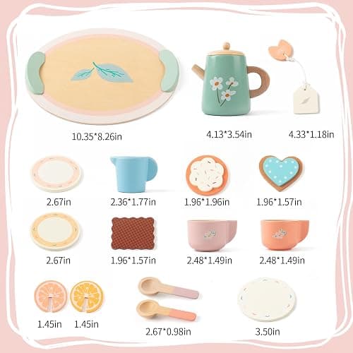 KDSFT Tea Party Set for Little Girls, Wooden Kids Tea Set with Teapot Cups Coasters Carrying Dessert, Picnic Outdoor Toys Pretend Play Kitchen Accessories for 3 4 5 Years Old thumbnail 5