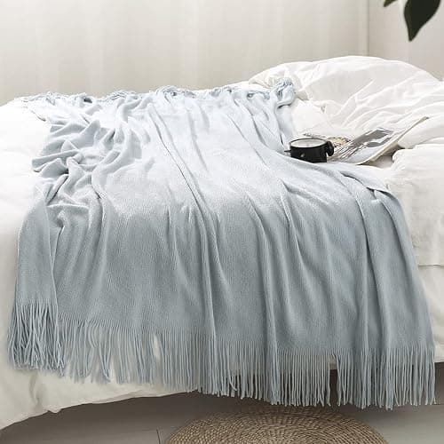 Homiest Decorative Knitted Throw Blanket with Fringe Soft & Cozy Tassel Blanket for Couch Sofa Bed (Pale Blue,50x60) thumbnail 3