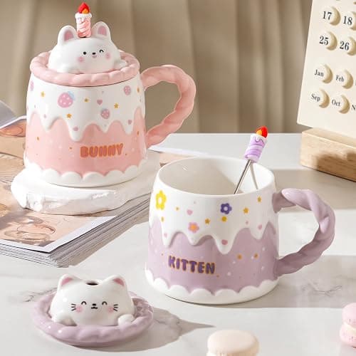 GawmFoiuy Adorable Cake Ceramic Coffee Mug - Elegant Birthday Gift for Women and Girl, Cute Rabbit Cup with Sweet Design, Perfect Present for Her Daily Tea & Coffee(Model A) thumbnail 8