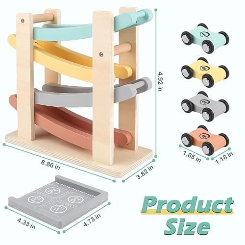 Car Ramp Toys for One Year Old Boy Birthday Gifts, Wooden Montessori Toys for 1 2 Year Old, Race Track Truck Toy with 4 Mini Cars/1 Parking Lot, First Christmas Birthday Gifts for Toddlers 1-3-2-4 thumbnail 2