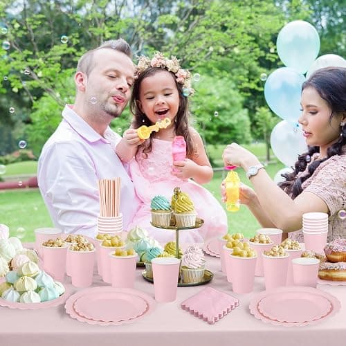 125 Pcs Pink Paper Plates and Napkins, Light Pink Party Supplies Include Scalloped Plate Napkins Cups Paper Straws for Baby Shower, Wedding, Birthday thumbnail 6