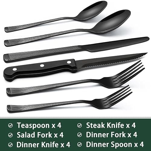 Black Hammered Silverware Set With Steak Knives, 24-Piece Stainless Steel Roman Column Flatware for 4, Food-Grade Tableware Cutlery, Utensil Set for Home Restaurant, Mirror Finish thumbnail 2