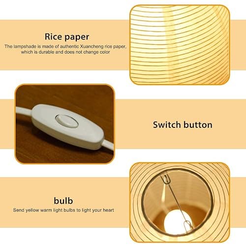 Reispapier Lampenschirm, Papier Tischlampe Weiß Nachttischlampe Stehlampe Tischleuchte Lampenschirm mit E14 Fassung, Schalten und Glühbirne, Hängelampe rund Ersatzlampenschirme 1.8m kabel, H 33cm thumbnail 6