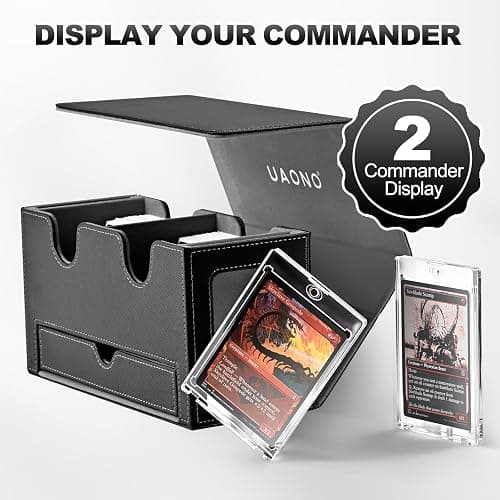 UAONO Card Deck Box for MTG, Double Storage Box with 2 Commander Display & 1 Dice Tray, Fits 200+ Double Sleeved, Organizer for CCG TCG Sports(Black Gray) thumbnail 3