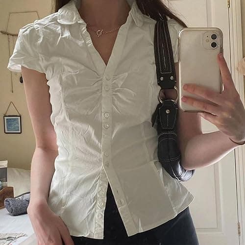 Women Y2k Short Sleeve Button Down Shirts Casual V Neck Button Up Top Vintage Slim Fit Collared Going Out Blouse thumbnail 4