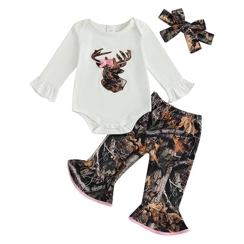 DSOKUHIB Newborn Baby Girl Hunting Clothes Deer Long Sleeve Romper Jungle Camo Flare Pants Set 3 Piece Fall Winter Outfit - Image 1