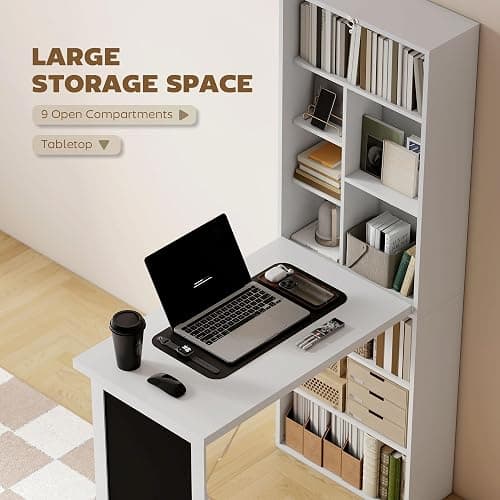 HOMCOM Fold-Out Convertible Writing Table, Computer Desk with Blackboard and Side Shelf Multi-Function Home Office Workstation, White thumbnail 5
