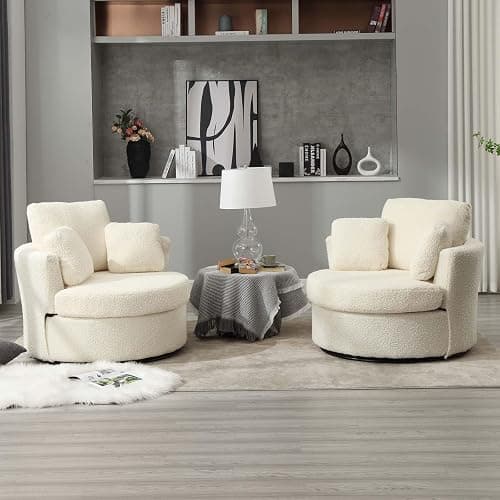 Swivel Barrel Chair, Modern Fabric Oversized 360 Degree Club Accent Arm Chairs, Single Round Living Room Sofa Chair w/ 3 Pillows for Nursery, Bedroom, Reading, Office, Ivory thumbnail 8