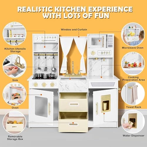 JOYLDIAS Play Kitchen, Wooden Kids Play Kitchen Playset Chef Pretend Play Set for Toddlers w/Ice Cube Dispenser, Oven, Cooking Accessories,Trendy Home Style w/Curtains, Storange Box, Gift for Ages 3+ thumbnail 7