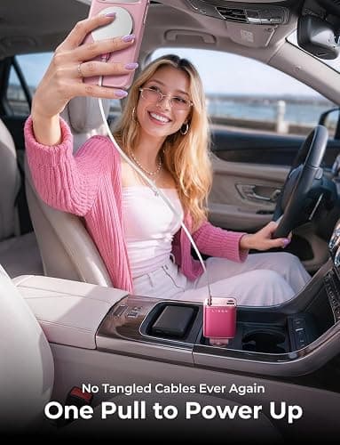 LISEN Retractable Car Charger, 84W Car Charger USB C Fast Charger Adapter, Car Accessories for Men Women, Gifts for Fathers Day for Men Dad Husband, for iPhone 17 16 15 14 13 12 Pro Max, Pink-White thumbnail 3