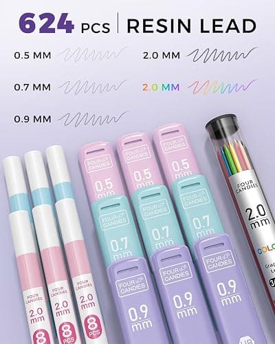 Four Candies 36PCS Aesthetic School Supplies, Mechanical Pencils 0.5mm, 0.7mm, 0.9mm & 2.0mm with 624PCS Lead Refills, Cute Mechanical Pencils for Writing, Drawing & Drafting (Pink) thumbnail 3