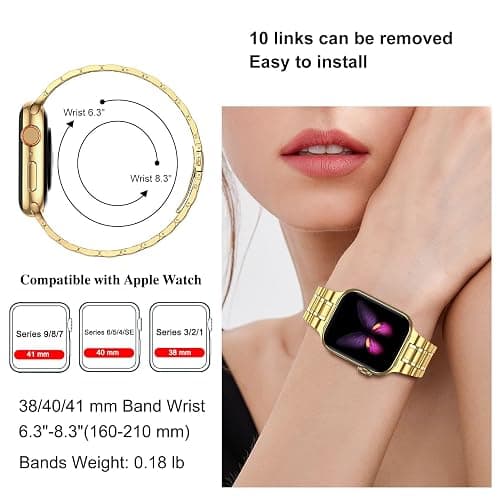 MioHHR Solid Stainless Steel Band Compatible with Apple Watch 38mm(Series 3/2/1) 40mm(Series SE/6/5/4) 41mm(Series 9/8/7) Metal Strap with Soft TPU Case for iWatch Bands for Women and Men, Gold thumbnail 4