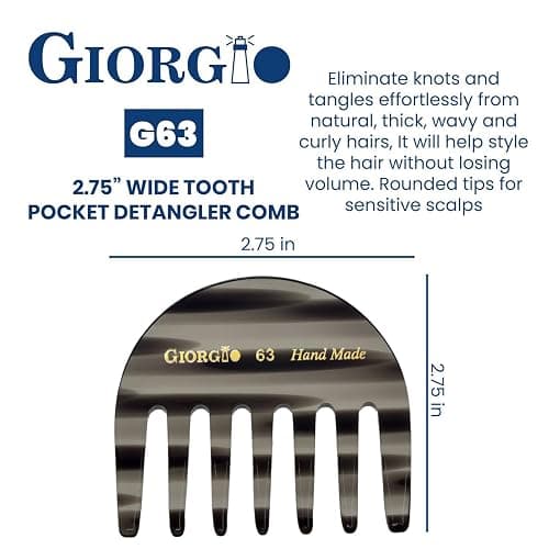 Giorgio G63 Graphite Detangling Comb for Women - Wide Tooth, Pocket and Travel Size for Thick Hair, Wet or Dry Everyday hair care. Handmade, Saw-Cut, and Polished Wide Tooth comb for women. thumbnail 3