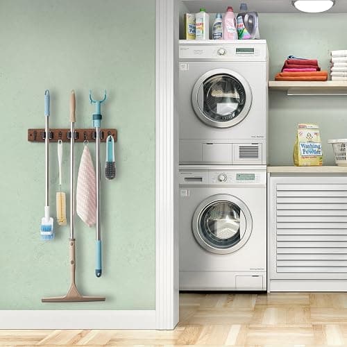 OUTNILI Mop Broom Holder Wall Mount with 3 Slots & 4 Hooks - Wood Broom Mop Hanger for Pantry Kitchen Organization - Garden Tool Organizer for Closet Laundry Room - for Rustic Farmhouse Kitchen Decor thumbnail 2