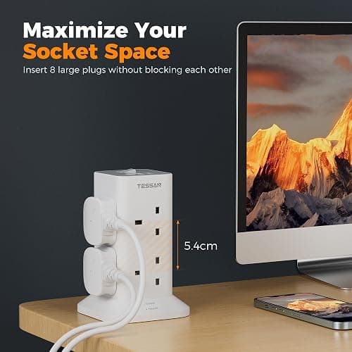 Tower Extension Lead 5M with 3 USB Slots, TESSAN 5 Metre Extension Cable 8 Way Multi Plug Socket, Surge Protected Power Strip with Switch for Home, Office thumbnail 6