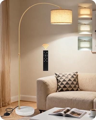 GOEBLESON Lampadaire de salon arc, lampe arquée réglable en hauteur de 158 à 188 cm, lampadaire à intensité variable avec télécommande, avec ampoule LED, beige noir, pour chambre à coucher - Image 1
