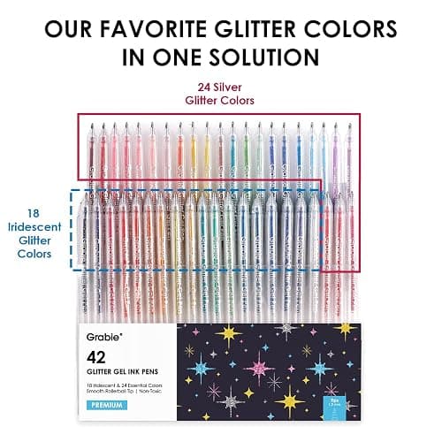 Grabie 42 Capped Glitter Gel Pen Set, 18 Iridescent&24 Essential Color Pens, Smooth Rollerball Tip, Metallic Sparkly Gel Pens for Coloring, Set of 42 Gel Pens Colored thumbnail 4
