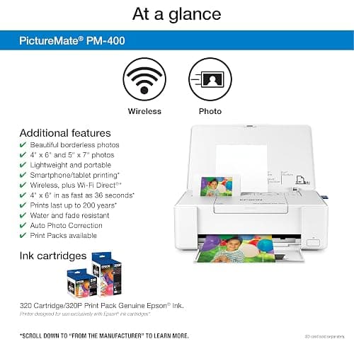 Epson PictureMate PM-400 Wireless Compact Color Photo Printer, white | Compact wireless photo printing; borderless 4 x 6 and 5 x 7 in., mobile support; ideal for home and travel thumbnail 3