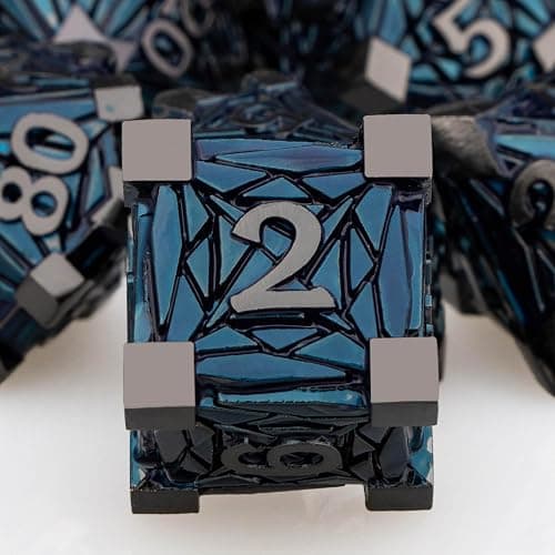 ORIFANTOU 7PCS Metal DND Dice Set with Box, Debris RPG Black Blue D and D Dice for use with D&D Tabletop Games Role Playing Game Polyhedral Dice Set D20 D12 D10 D8 D6 D4 thumbnail 2