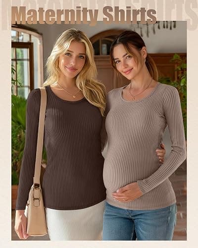 Oakgarden 4 Pack Women's Ribbed Maternity Shirts, Scoop Neck Long Sleeve Knit Pregnancy Tops Slim Basic Tee Clothes thumbnail 2
