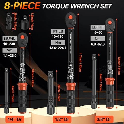 Upgraded Torque Wrench Set 8PCS, 1/4 3/8 1/2 inch Drive Click Torque Wrench, 10-230in.lb, 5-50ft.lb, 10-180ft.lb, 72-Tooth Dual Scale, ±3% Accuracy, 5 Adapters, for Bike, Moto, Car Repair and Maint thumbnail 2