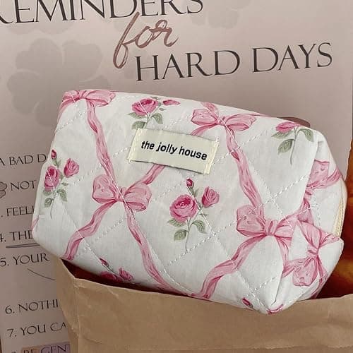 BILIPOPX Cute Makeup Bag Aesthetic Floral Quilted Cotton Cosmetic Bag Travel Organizer Toiletry Pouch 3 Pack Set (01Pink Bow) thumbnail 8