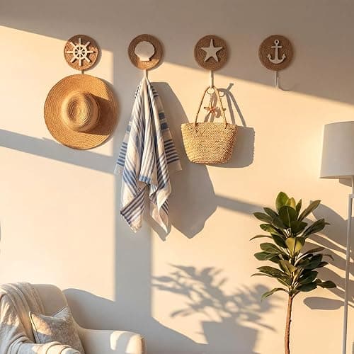 AceOrbit 4 Pcs Home Beach-Themed Towel Hooks Wall Hooks Beach Towel Hook Decorative Wall Hanging for Clothes Towels Hats Bag(Nautical) thumbnail 6
