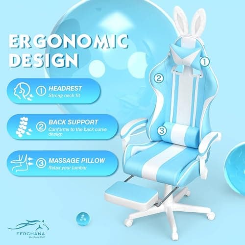 Ferghana Kawaii Light Blue Gaming Chair with Bunny Ears, Ergonomic Cute Gamer Chair with Footrest and Massage, Racing Reclining Leather Computer Game Chair 250lbs for Girls Adults Teens Kids thumbnail 5