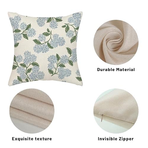 DAFENA Spring Pillow Covers 18x18 Inch 2 Pcs Blue Green Hydrangea Flower Decor Throw Pillows Vintage Floral Seasonal Summer Outdoor Decoration Pillowcase Linen Cushion Cover for Couch Sofa thumbnail 7