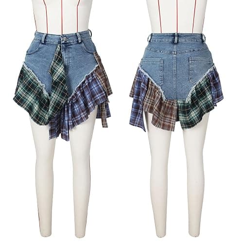 Gothic European and American Women's Clothing, Sexy Irregular Plaid Skirt, Design Sense Patchwork Denim Short Skirt thumbnail 5