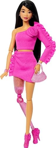 Barbie Deluxe Style Doll #2 in Barbiecore Outfit, Black Hair and Glittery Prosthetic Leg, Pink Top and Skirt Set with Rosette Detail and Accessories - Image 1