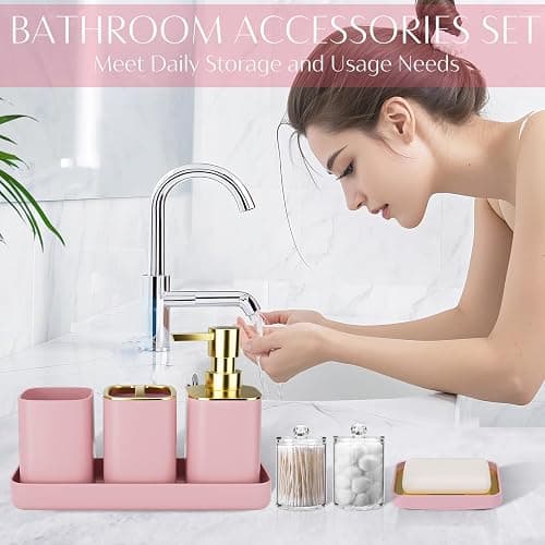 9PCS Bathroom Accessory Set, Pink Bathroom Set with Large-Capacity 4 Gallon Trash Can, Bathroom Accessories Set Complete, Toothbrush Holder, Soap Dispenser, Toilet Brush, Bathroom Decor thumbnail 7