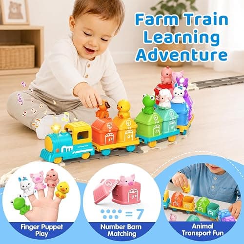 Electric Train Set for Toddler with Farm Animals, Music & Lights, Ages 2-4 | Montessori Self-moving electric train set, 37 PCS with 8 numbered barns and animal finger puppets for counting and sorting thumbnail 3