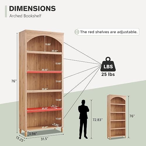 IFGET 76" Tall Arched Bookcase, Farmhouse 5 Tiers Large Arched Bookshelf Cabinet with Adjustable Shelves, Modern Wooden Book Shelf w/Storage and Open Display Shelves for Living Room, Office-Natural thumbnail 2