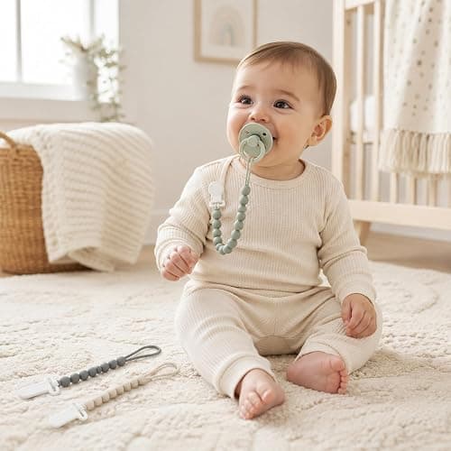 6 Pack Neutral Silicone Pacifier Clips for Boys and Girls, One Piece Beads Pacifier Clip Set with Durable Plastic Clip, Neutral Baby Pacifier Holder Set thumbnail 2