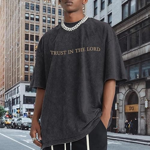 Wrenpies Mens Oversized Christian Shirts God Faith Jesus Religious Tshirts Trust in The Lord Bible Verse Tees Acid Wash Tops thumbnail 2