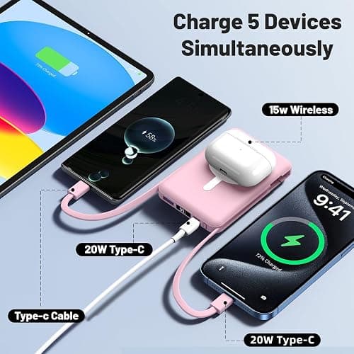 Azmuth Batterie Externe Magnétique Compatible avec MagSafe, 10000mAh sans Fil PowerBank Charge Rapide PD 20W avec 2 Câble et Support et Affichage LED, Compatible iPhone 17/16/15/14/13/Pro/Pro Max/Plus thumbnail 4