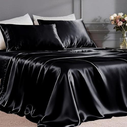 FreshCulture Satin Sheets Twin XL Bed Set - 3 Piece Luxury Soft Silky Bed Sheets, Similar to Silk Sheet Set with 1 Deep Pocket Fitted Sheet, 1 Flat Sheet & 1 Pillowcase (Black) - Image 1