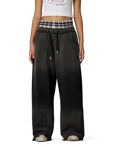 Aelfric Eden Double Waist Washed Baggy Sweatpants Loose Wide Leg Plaid Patchwork Casual Pants with Pockets thumbnail 2