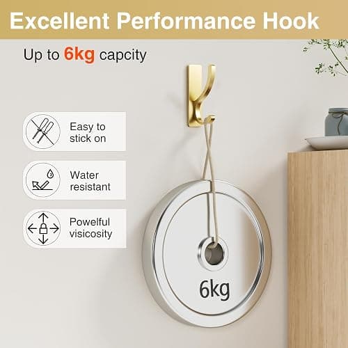 Adhesive Wall Hooks for Towels Coats - Stick On Hooks Hanging Heavy Duty (13lb), Metal Hook for Door, Bathroom, Dorm, Closet - Hanger for Purse, Bag, Robe,Backpack - No Damage to Wall - Gold 6 Pack thumbnail 4