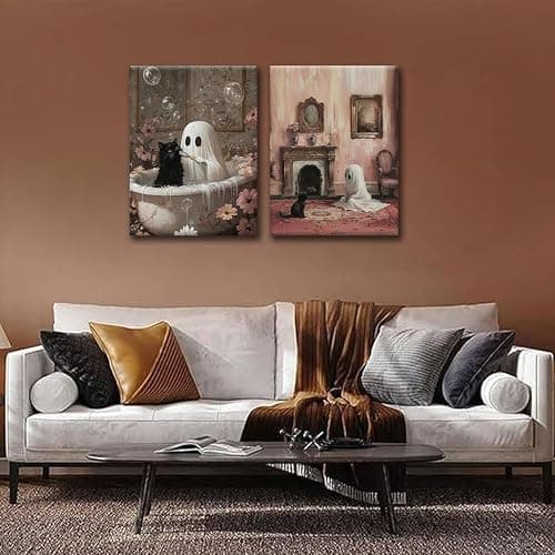 Doqueodas 2 Pcs Framed Vintage Ghost and Cat Canvas Wall Art, Gothic Dark Collegiate Style Paintings Artwork Fun Halloween Posters Prints for Bathroom Living Room Dormitory Wall Decor 12x16 Inch thumbnail 6