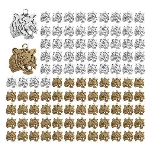 Opexicos 100Pcs Tiger Face Charms Tiger Pendants Antiqued Silver Tone Double Sided Making DIY Handmade Accessories Craft 27 x 24 mm - Image 1